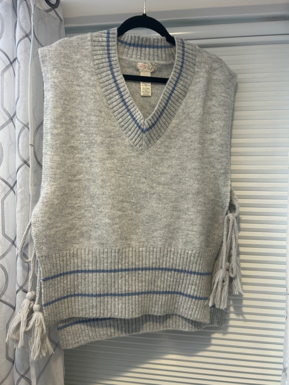 Free People Gray V-Neck Knit Sweater Vest with Blue Trim
